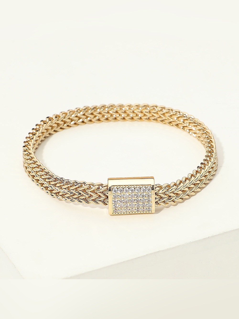 14K Gold Plated CZ Pave Clasp Accent Braided Mesh Magnetic Bracelet